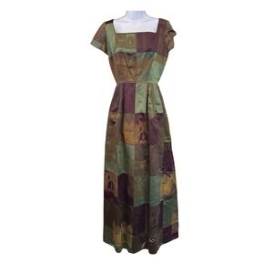 Vintage 50s 60s Myriçal Roma Milano Patchwork Scenic Maxi Dress Italy